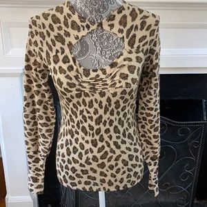 NWOT Cache animal print sweater. Sparkling material. Black, gold and brown.
